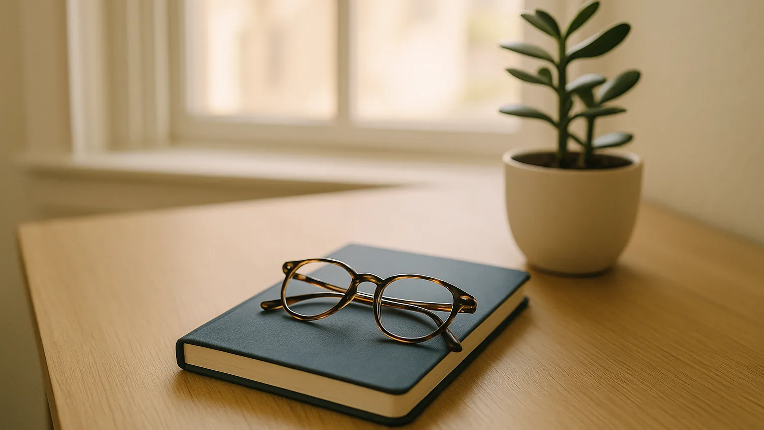 a tidy desk with a closed notebook, reading glasses and a small potted plant by a bright window