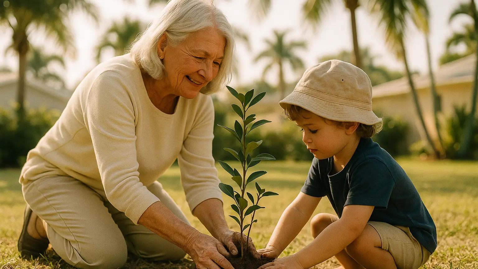 a grandmother and a young grandchild planting a small tree together in a sunny Florida garden, warm and tender