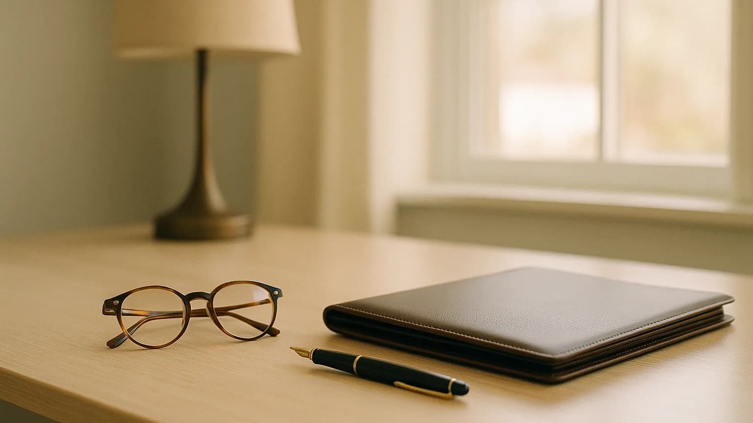 a tidy home desk with reading glasses, a fountain pen and a closed leather folder, soft window light, no papers visible