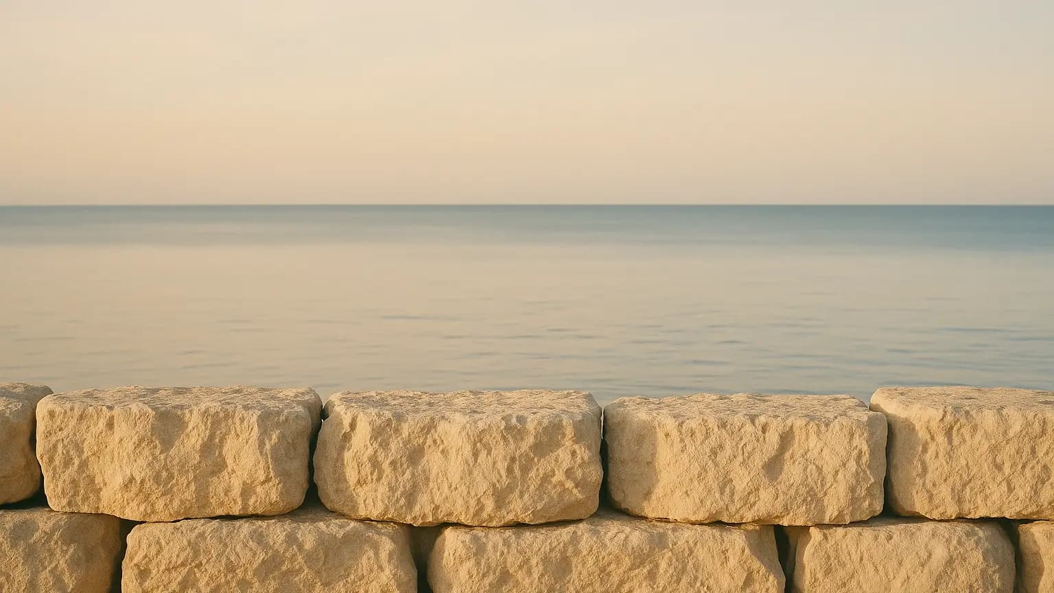 a solid limestone breakwater with calm water behind it under a soft clear sky, steady and reassuring