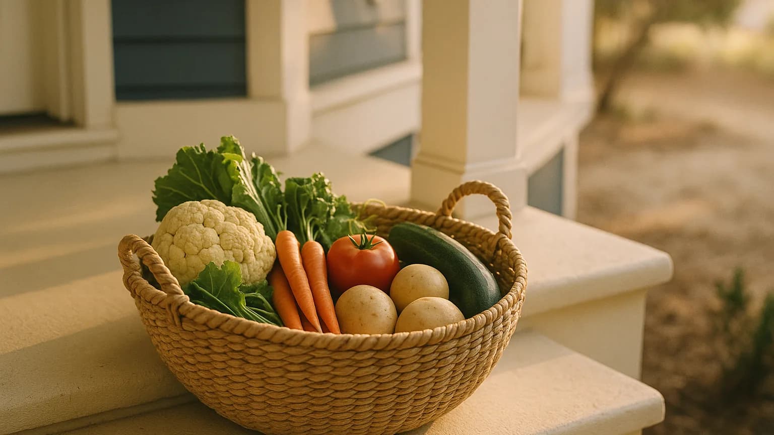 a woven basket of fresh produce on a shaded porch step, warm and abundant, soft morning light