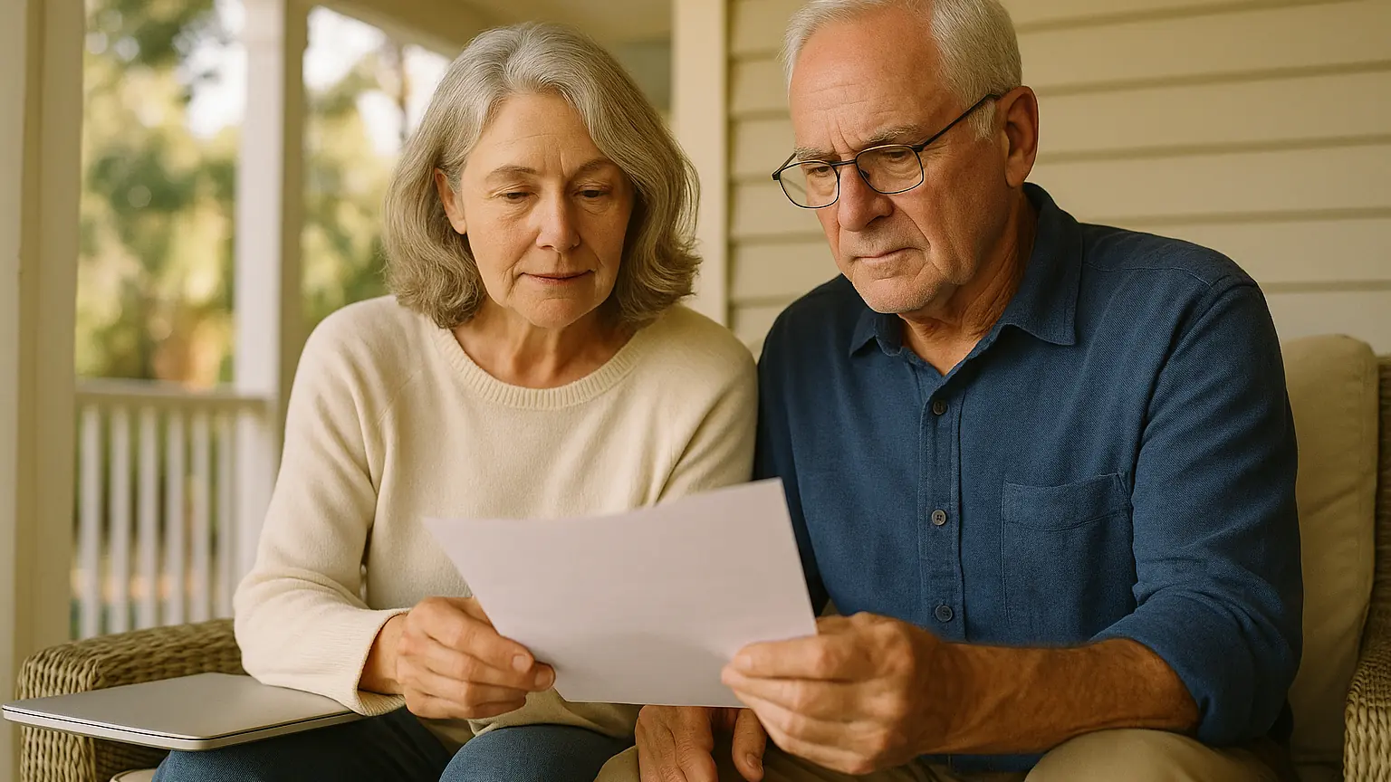 an older couple reviewing something together on a shaded porch with a laptop closed beside them, relaxed and unhurried