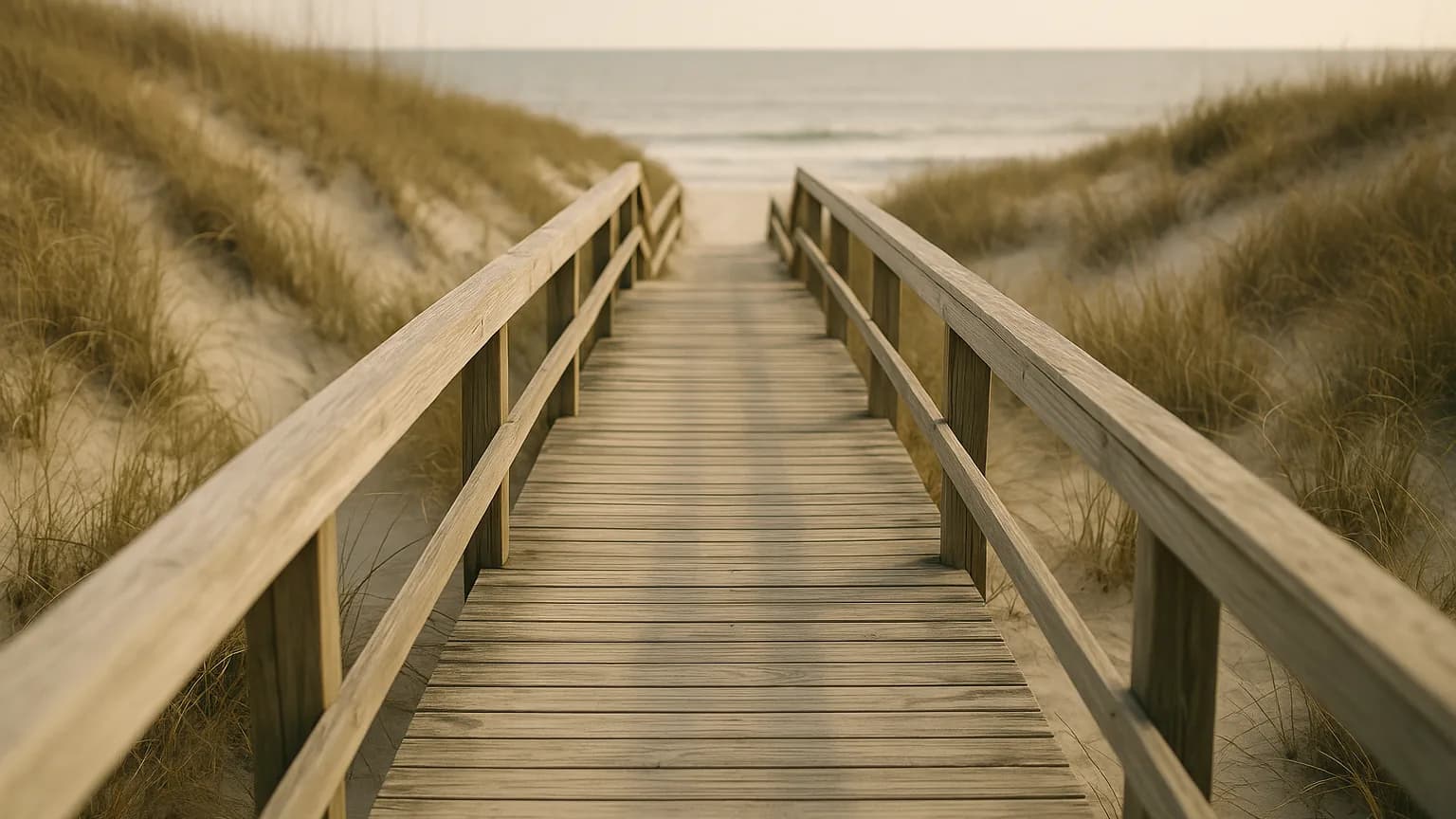 a weathered wooden boardwalk with evenly spaced slats leading over dunes toward the sea, receding perspective