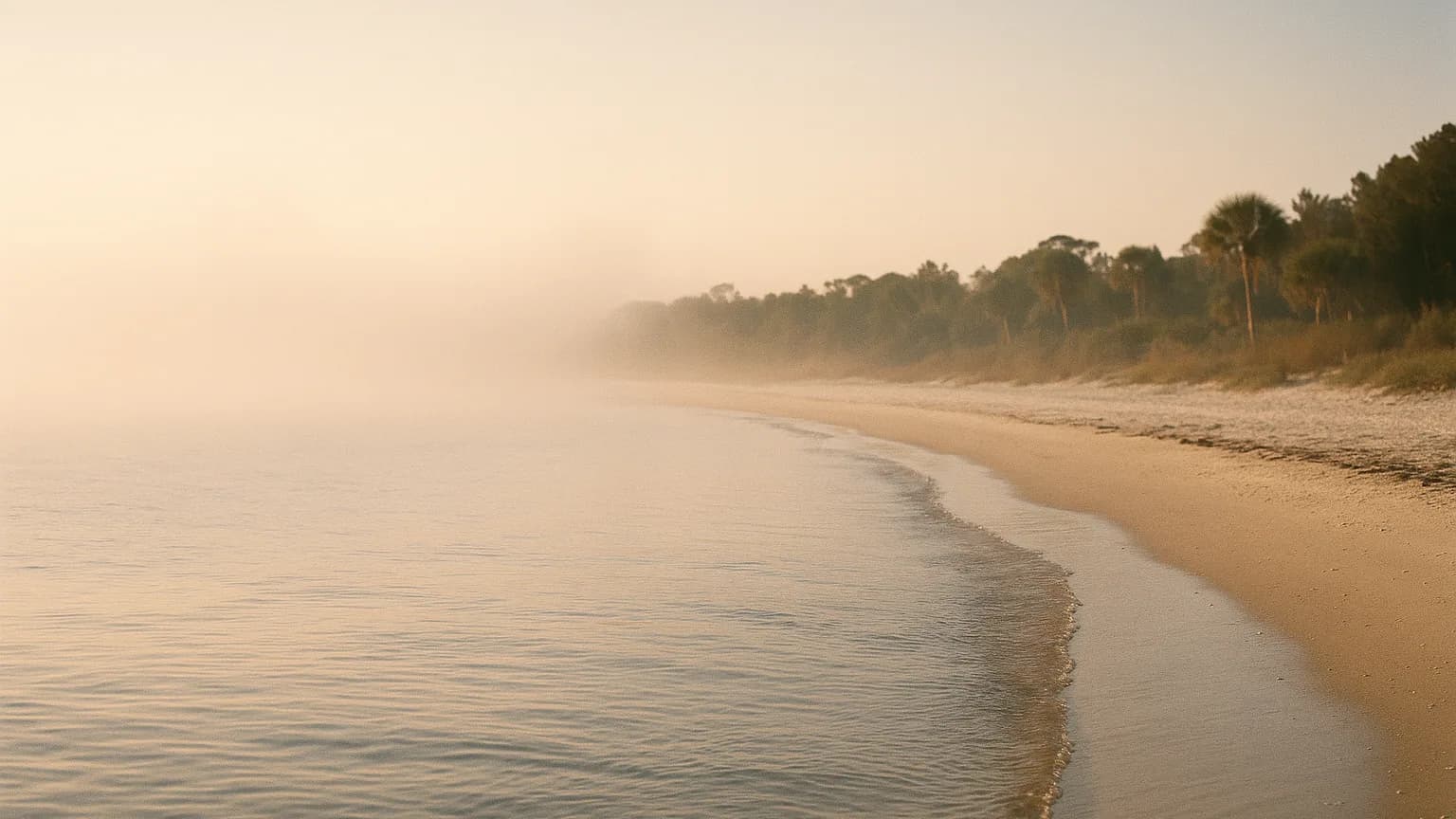 morning sea fog lifting off calm water to reveal a clear shoreline, soft gradient sky