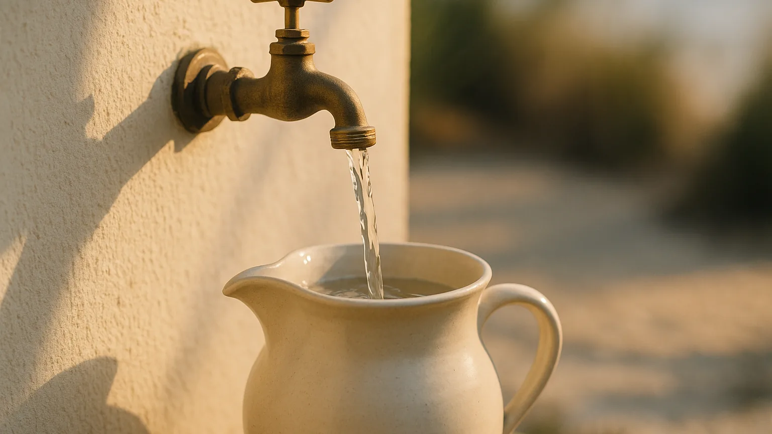 a steady stream of clear water pouring from a garden tap into a simple ceramic jug, warm sunlight