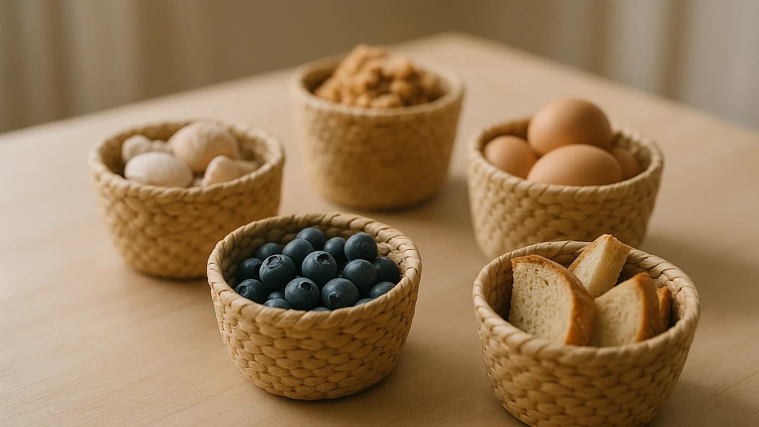 several small woven baskets arranged on a pale wooden table, each holding something different, soft light