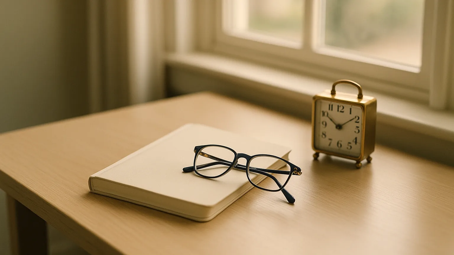 a notebook, reading glasses and a small brass desk clock on a pale wooden desk by a window, soft light