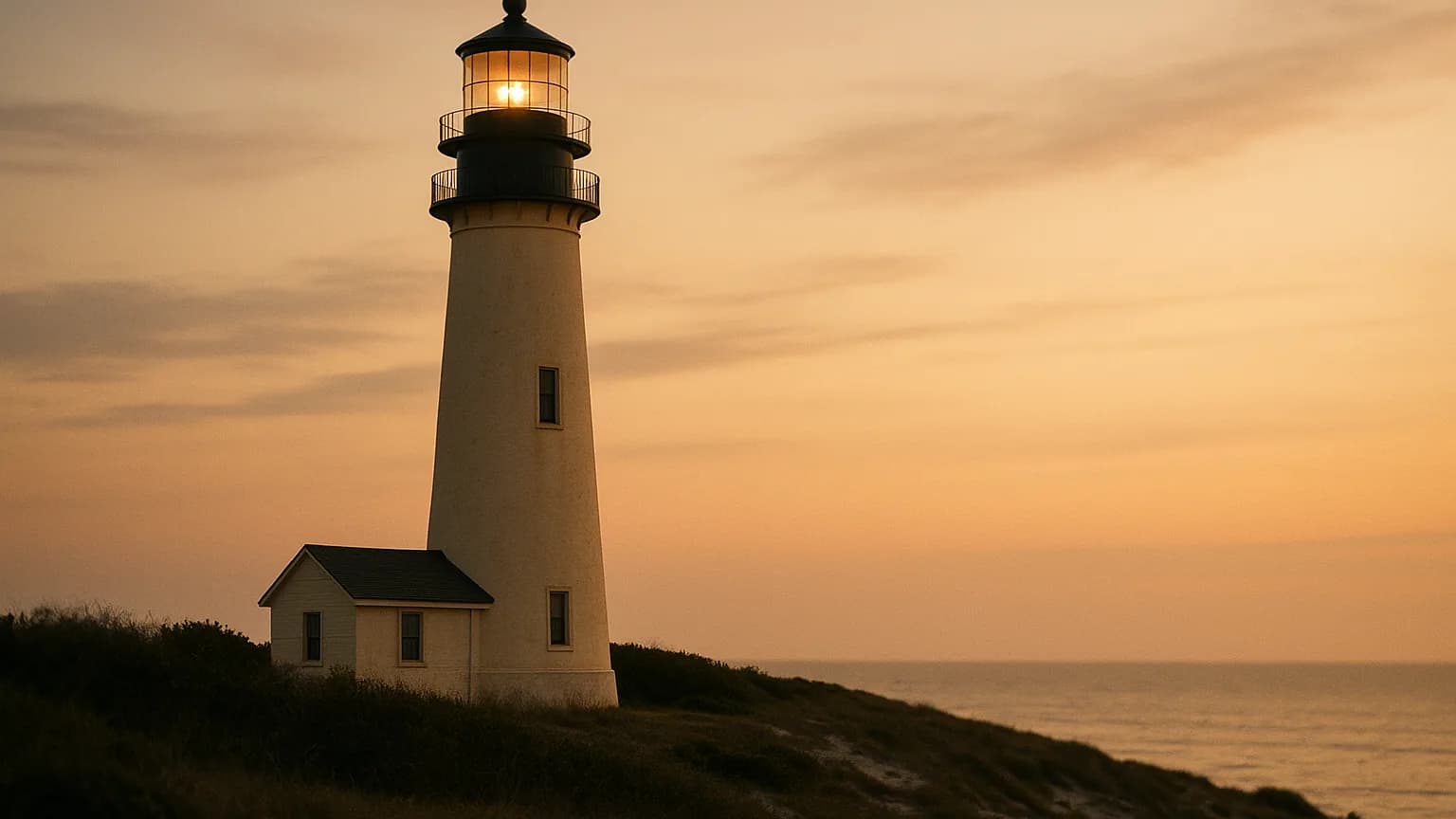 a steady lighthouse on a calm headland at dusk, warm sky, reassuring and constant