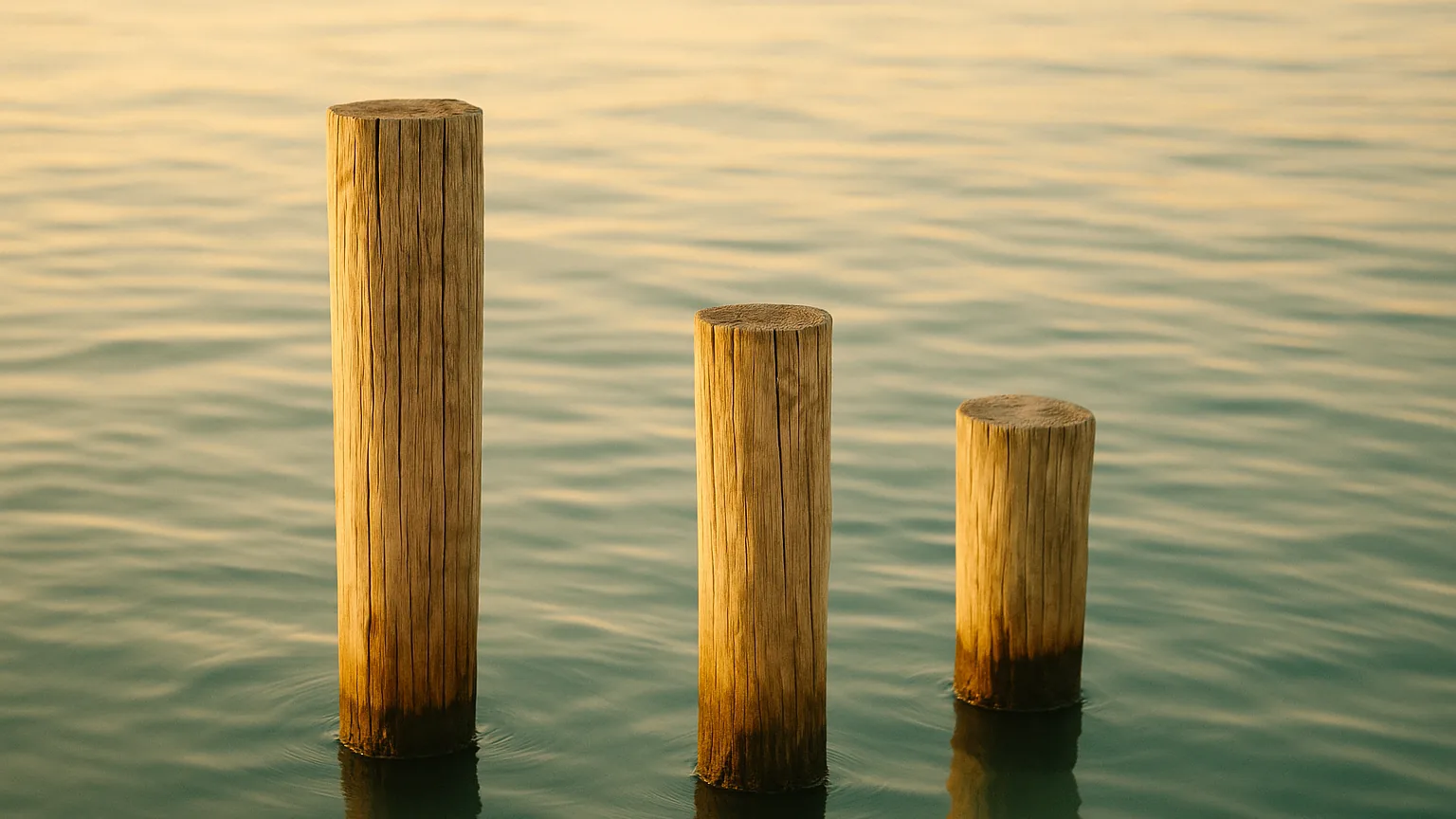 three weathered wooden dock posts of different heights rising from calm turquoise water at golden hour, gentle ripples