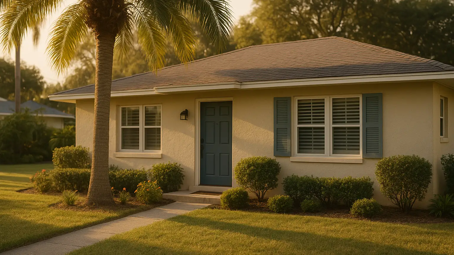 a well kept single storey Florida home with a tidy front garden and palm shade, warm afternoon light