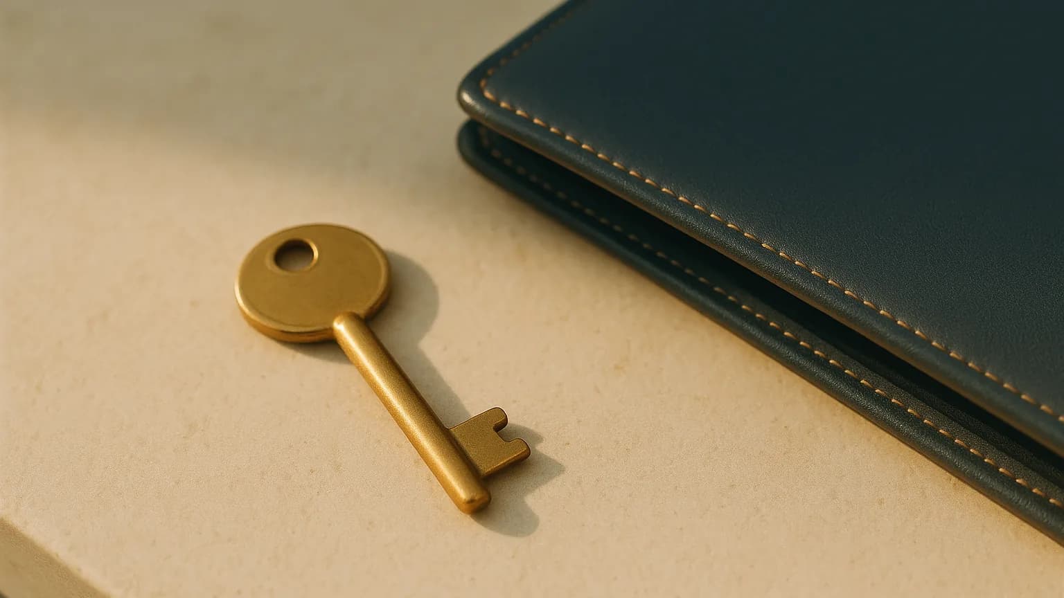 a solid brass key resting on a pale stone surface beside a closed leather folder, warm directional light