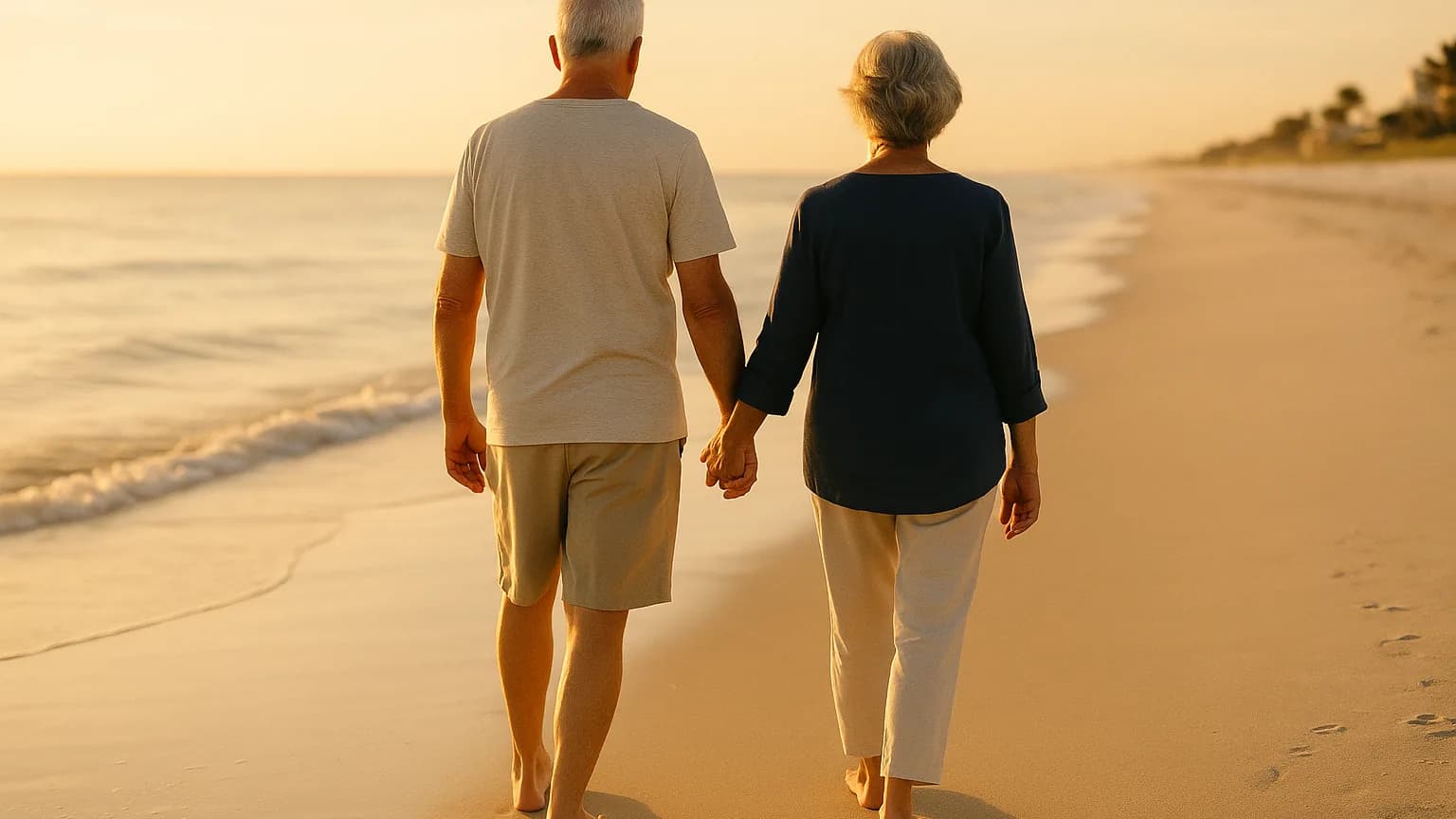 a retired couple walking hand in hand along a quiet Florida beach at sunrise, seen from behind, long soft shadows