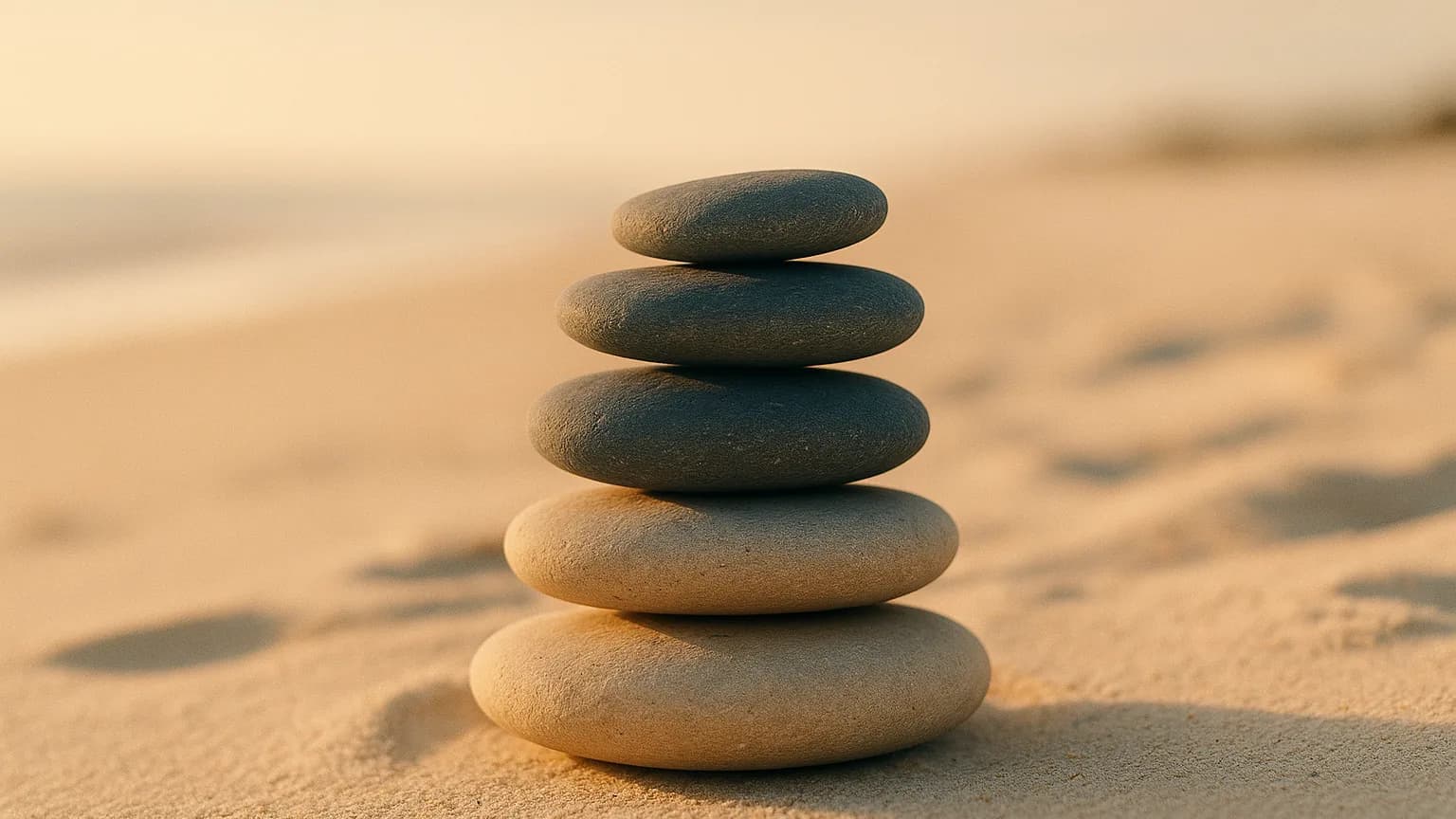 a neat stack of smooth flat river stones on pale sand, perfectly balanced, soft coastal light
