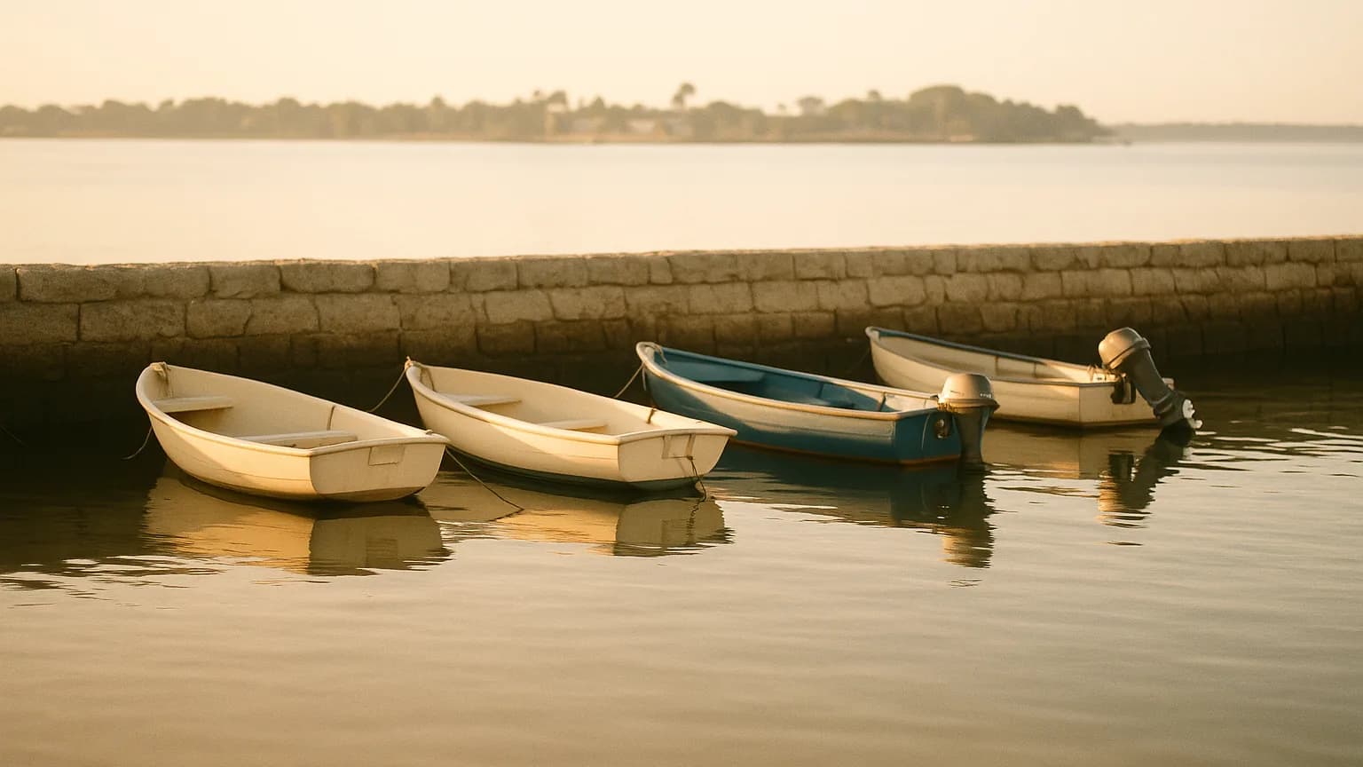 a quiet harbour with small boats securely moored behind a stone seawall, calm water, early light