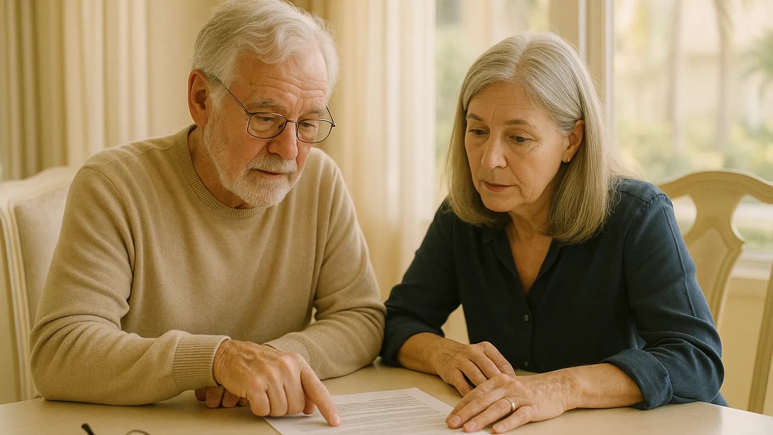 a couple in their late sixties reviewing something together at a bright dining table, calm and collaborative