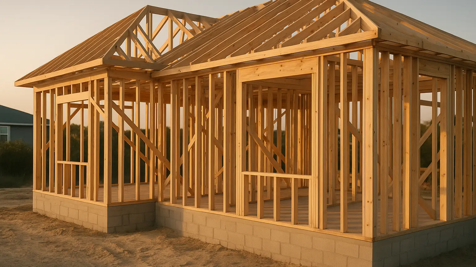 a residential construction site at golden hour with clean timber framing of a new house, tidy and professional, no workers