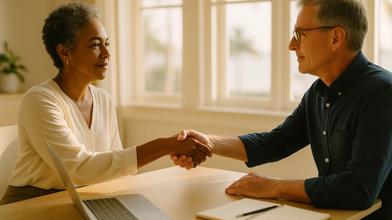 two people shaking hands across a small table in a bright airy office, warm and unhurried