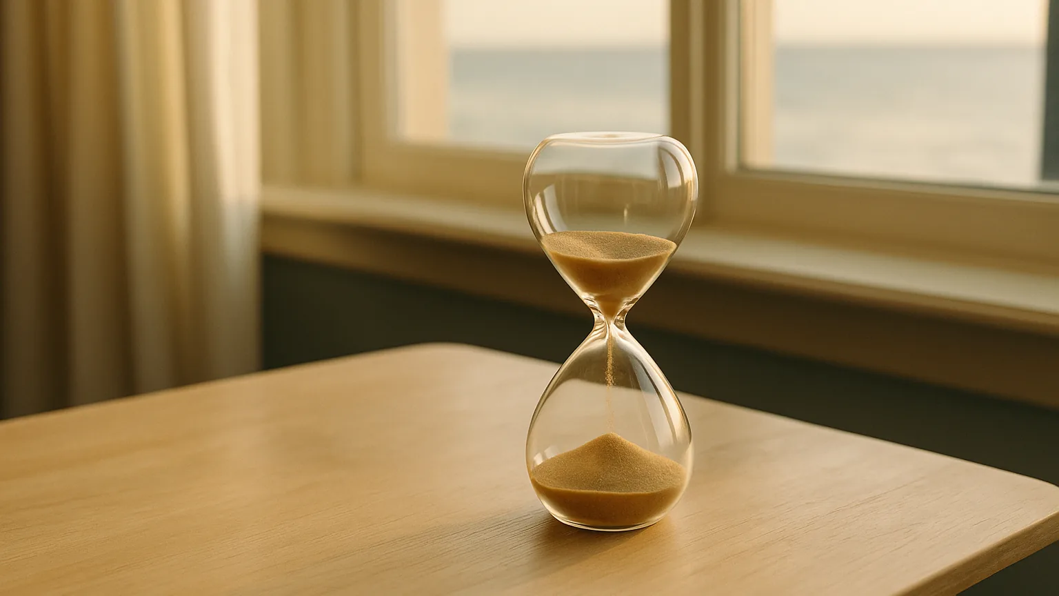 an hourglass style sand timer on a pale wooden table beside a window with soft sea light, warm tones