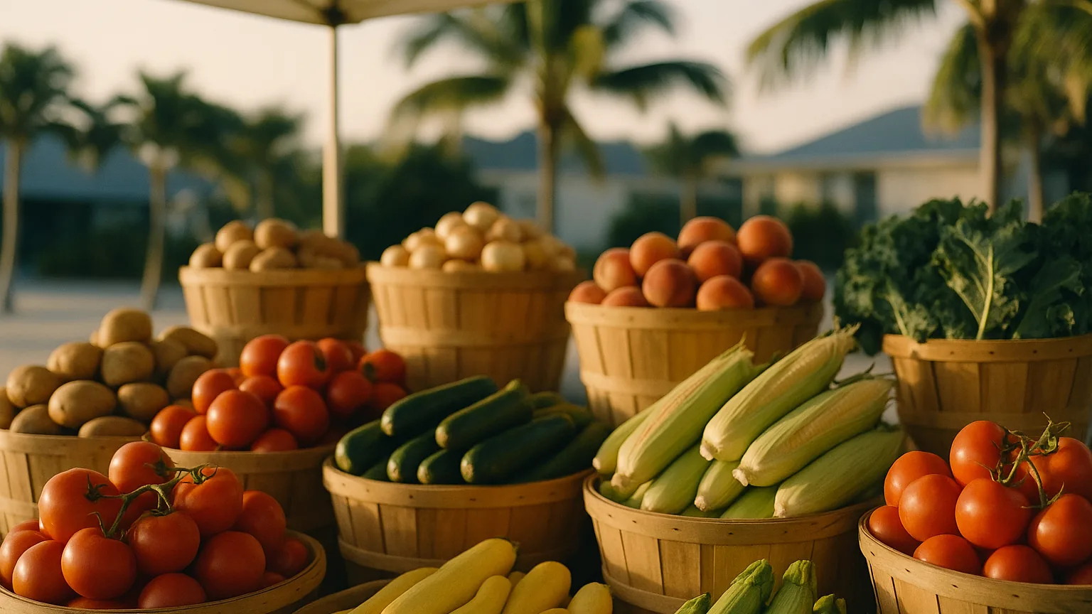a farmers market stall of fresh produce in warm Florida morning light, abundant and colourful, no signage