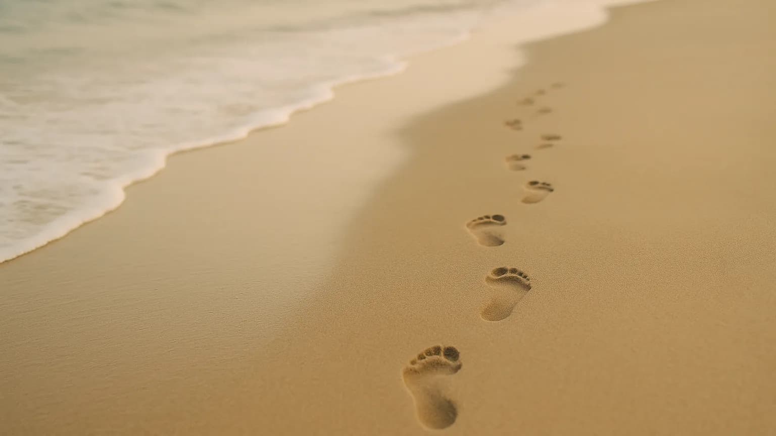 a single set of footprints turning back along wet sand at the water's edge, soft overcast light