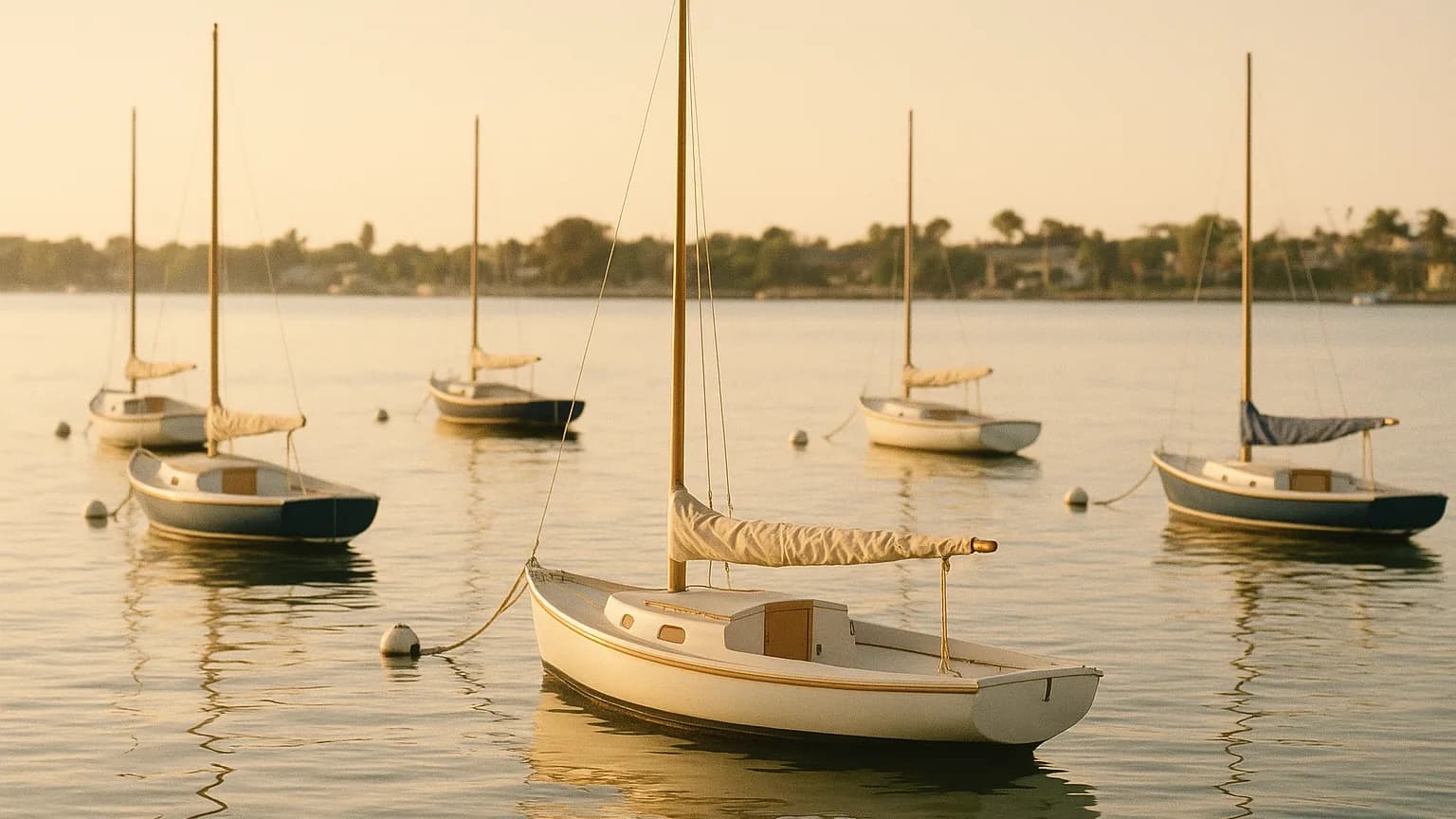several small sailing boats moored at even spacing across a calm bay, orderly and unhurried