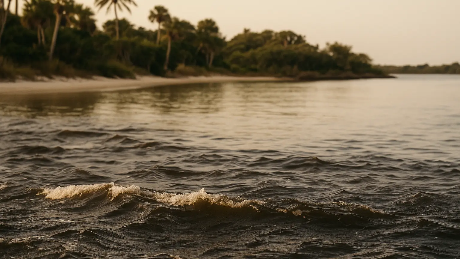 choppy water in the foreground with a sheltered calm cove beyond, contrast between rough and still