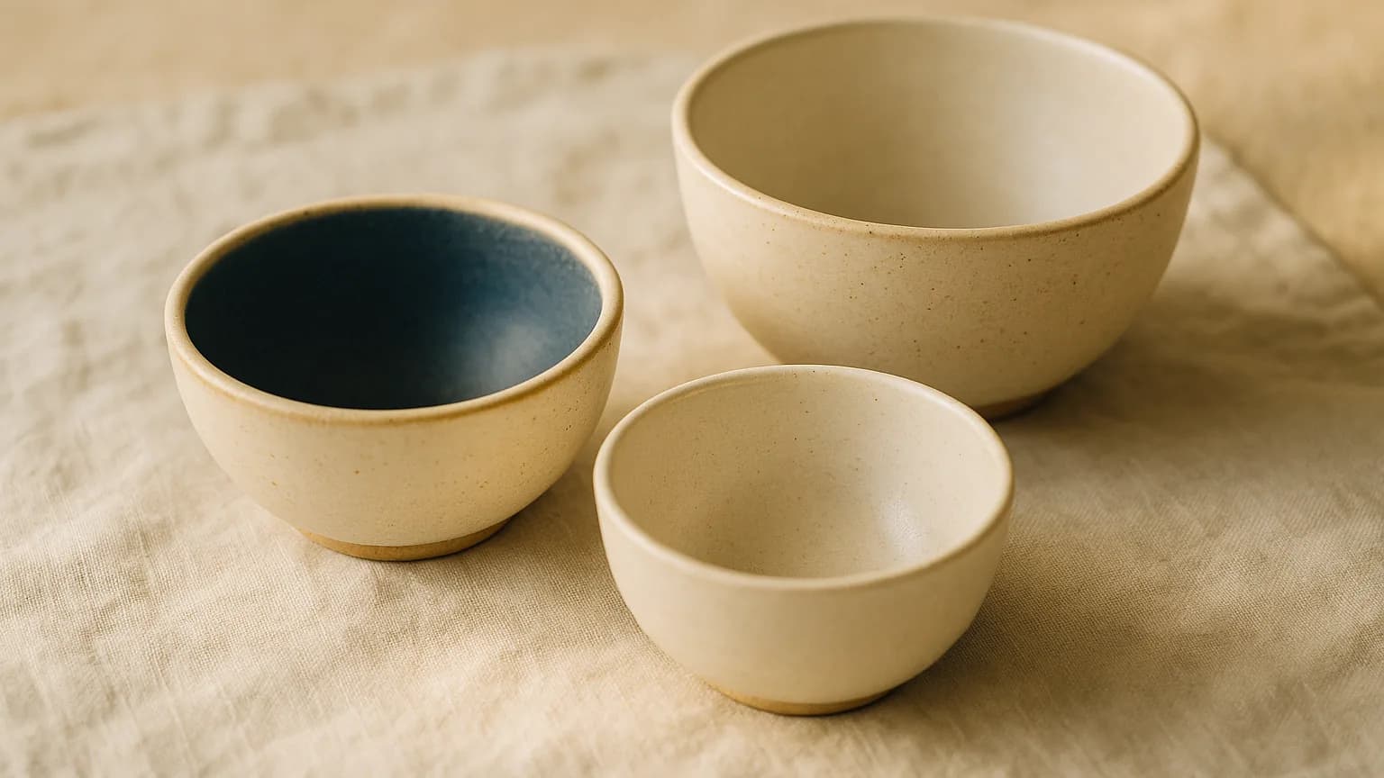 three simple ceramic bowls of slightly different sizes on a pale linen cloth, soft even light