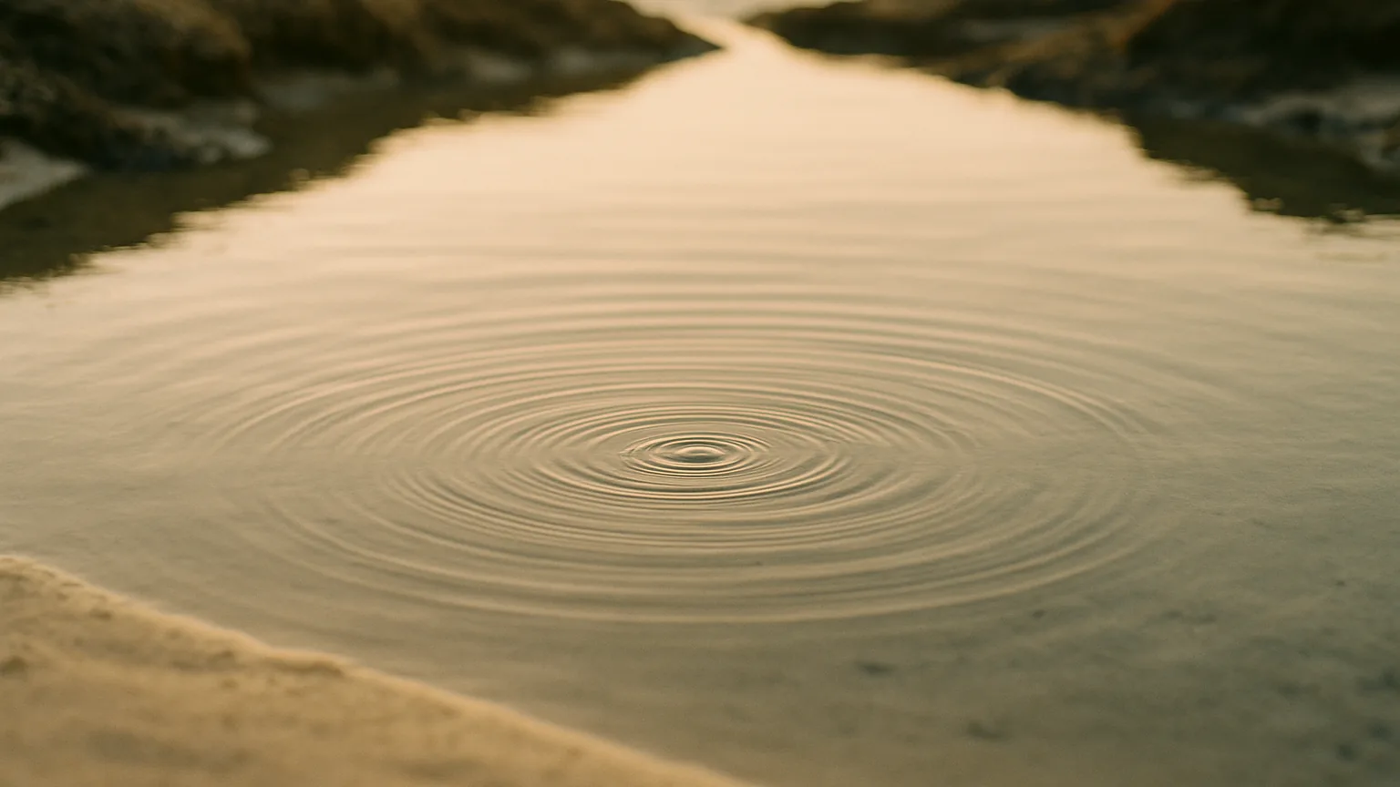 a calm tidal pool where small ripples spread outward in even rings, soft warm light on water