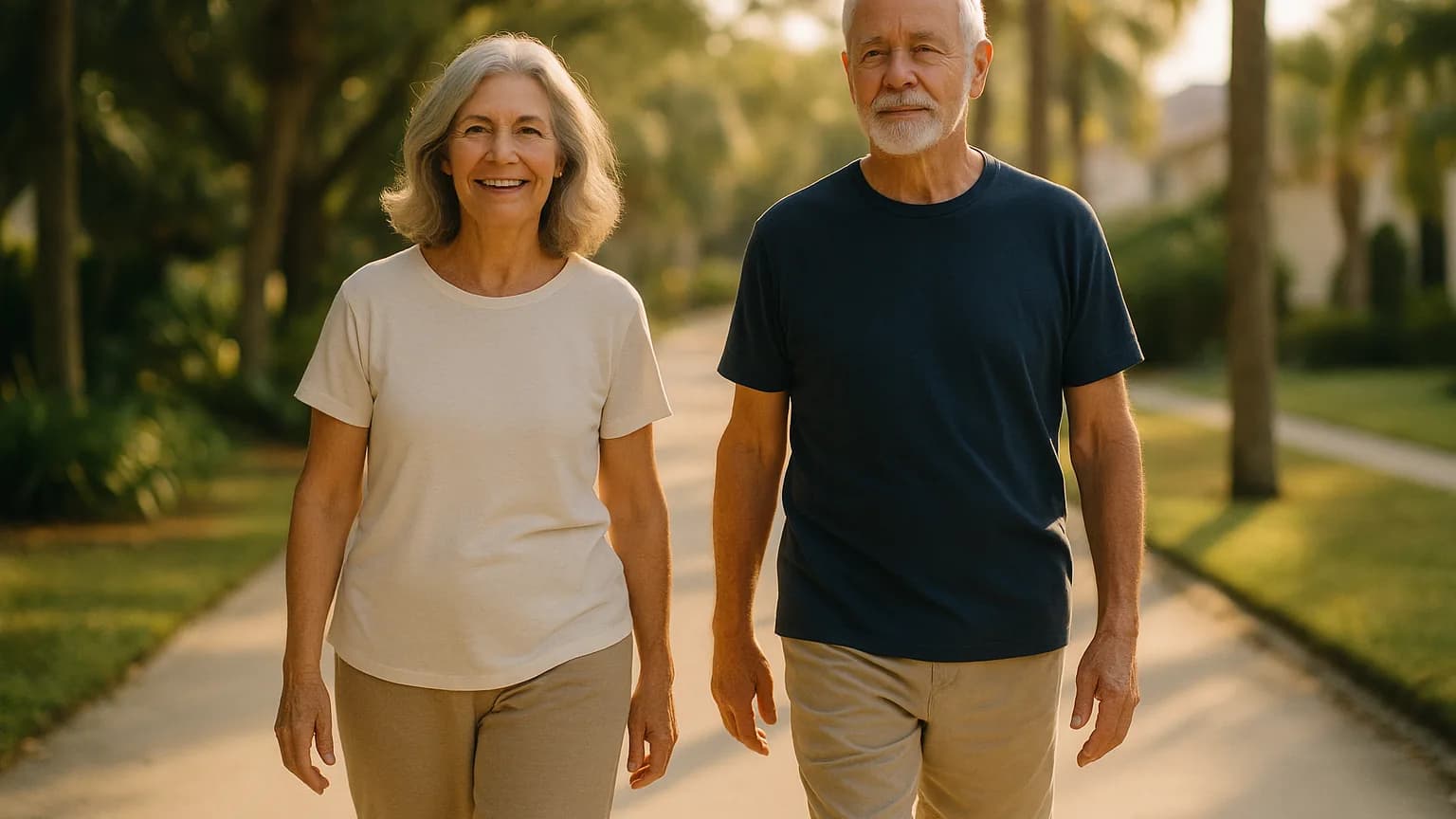 an older couple walking a shaded neighbourhood path together in comfortable clothes, healthy and active