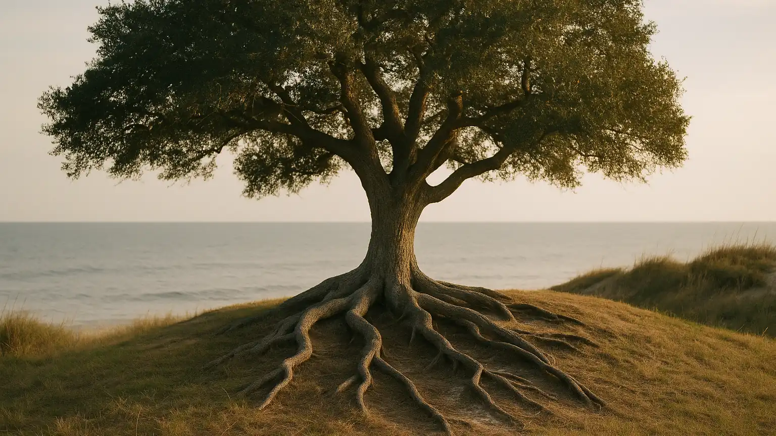a mature oak tree with deep exposed roots on a grassy coastal rise, strong and settled, warm light