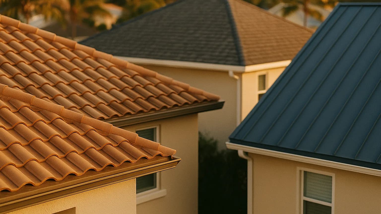 three different residential rooftops seen from above in warm evening light, tile, shingle and metal side by side