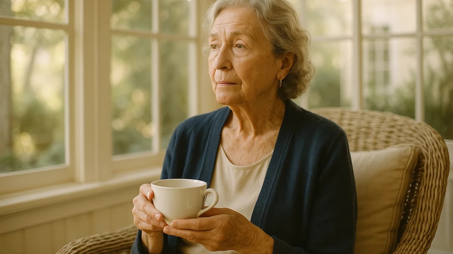 an older woman sitting peacefully in a sunlit conservatory with a cup of tea, quiet dignity, soft light
