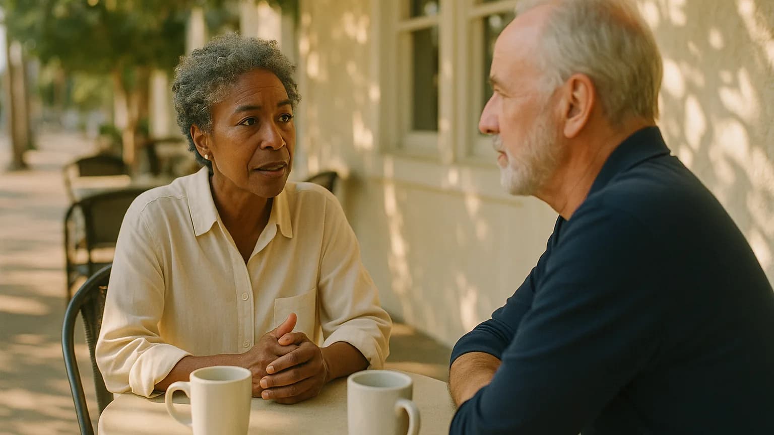 two people in conversation across a small cafe table on a shaded terrace, one listening attentively, soft dappled light