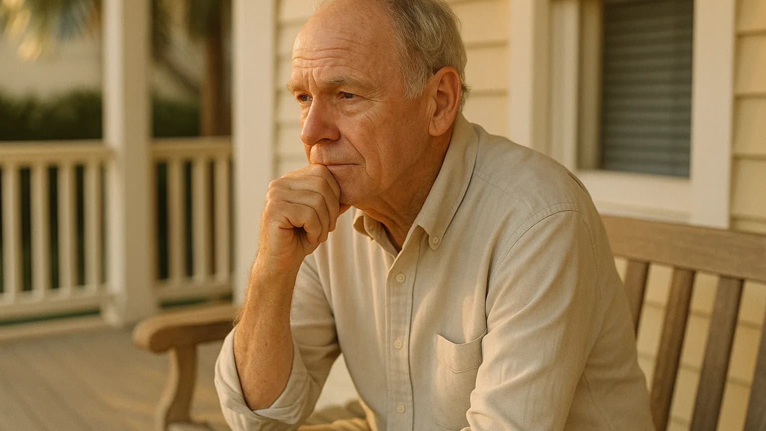 an older man in a light shirt sitting on a porch bench in thought, chin resting on hand, soft warm light