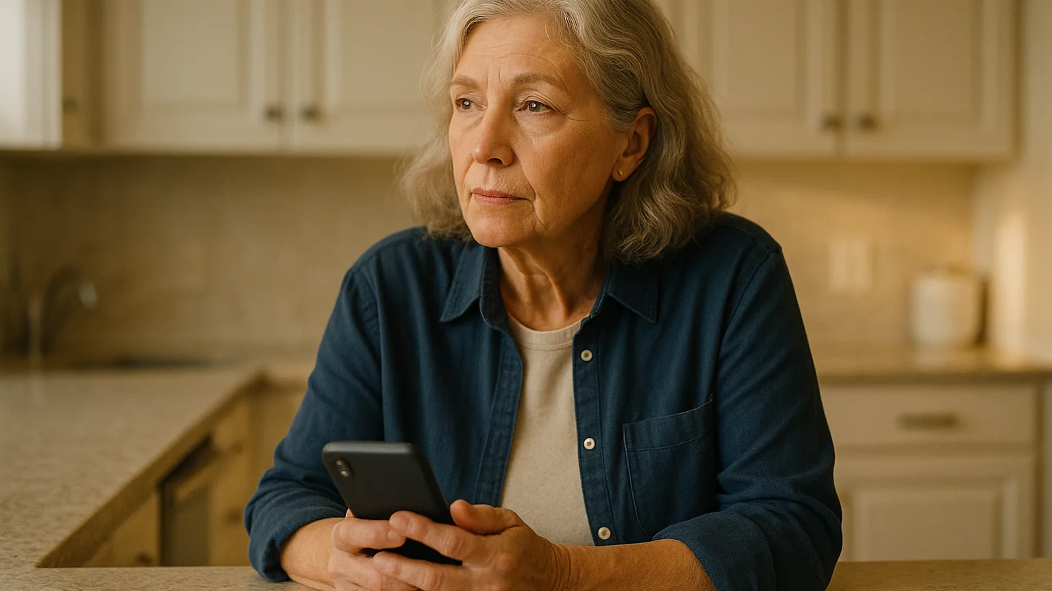 an older woman holding a phone thoughtfully at her kitchen counter, composed and careful, warm light