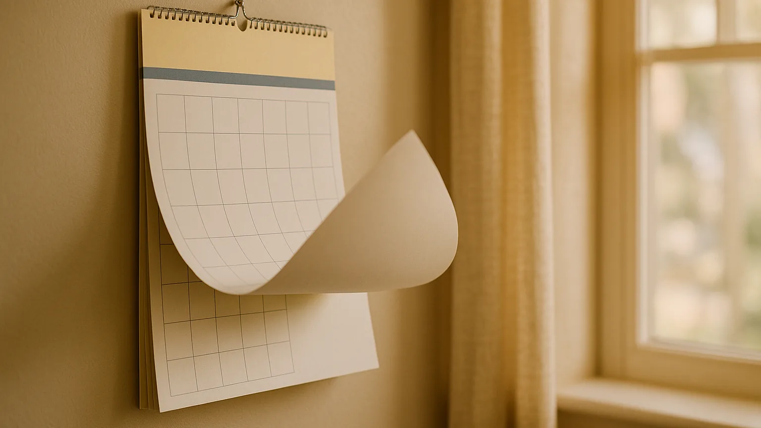 a wall calendar page turning in soft window light in a warm home interior, no readable text or numbers