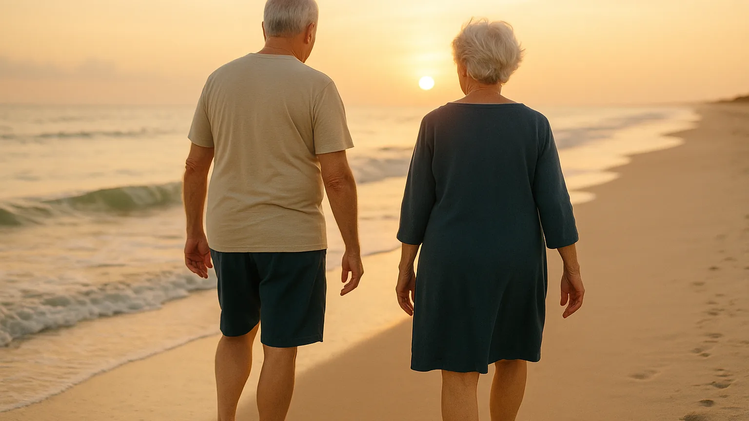 a retired couple walking along a Florida beach at sunrise, seen from behind, gentle waves and warm light
