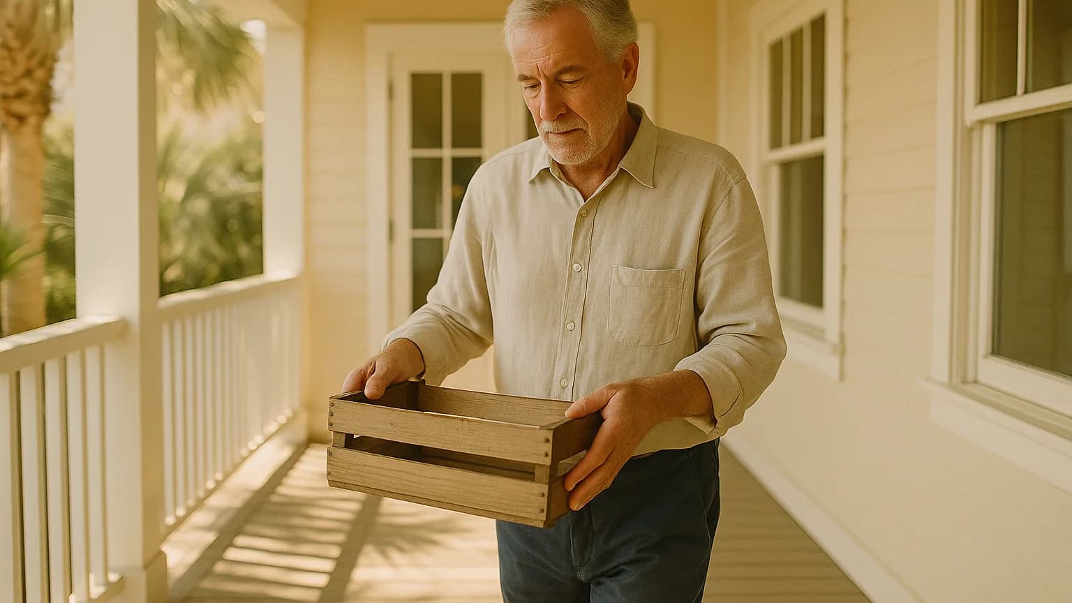an older man in a light linen shirt carrying a small wooden crate across a sunlit porch, a sense of moving something carefully