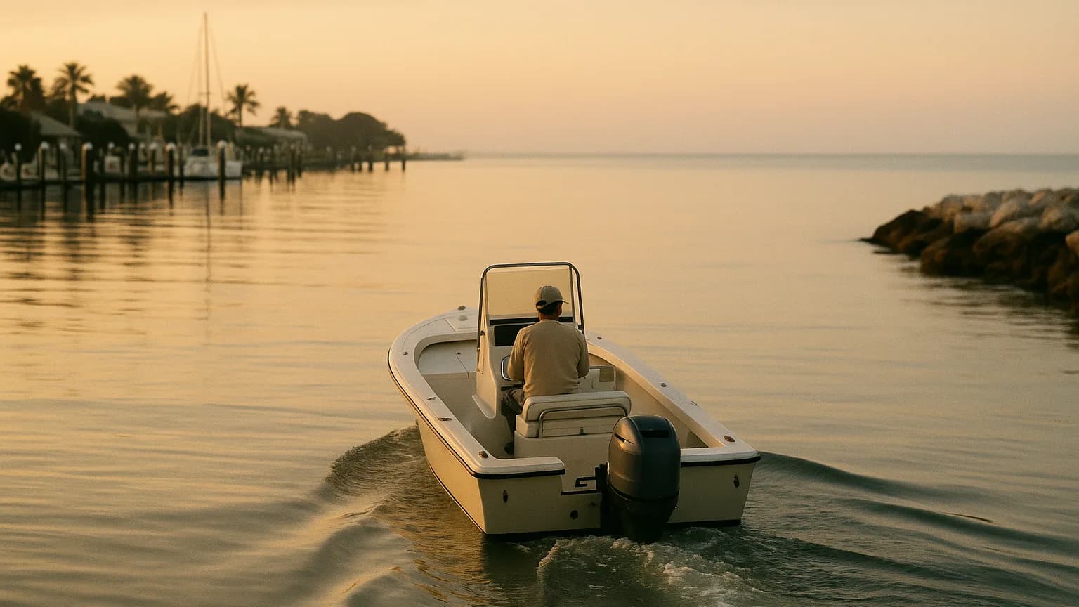 a small boat leaving a calm harbour into open water at dawn, the first stretch of a longer journey