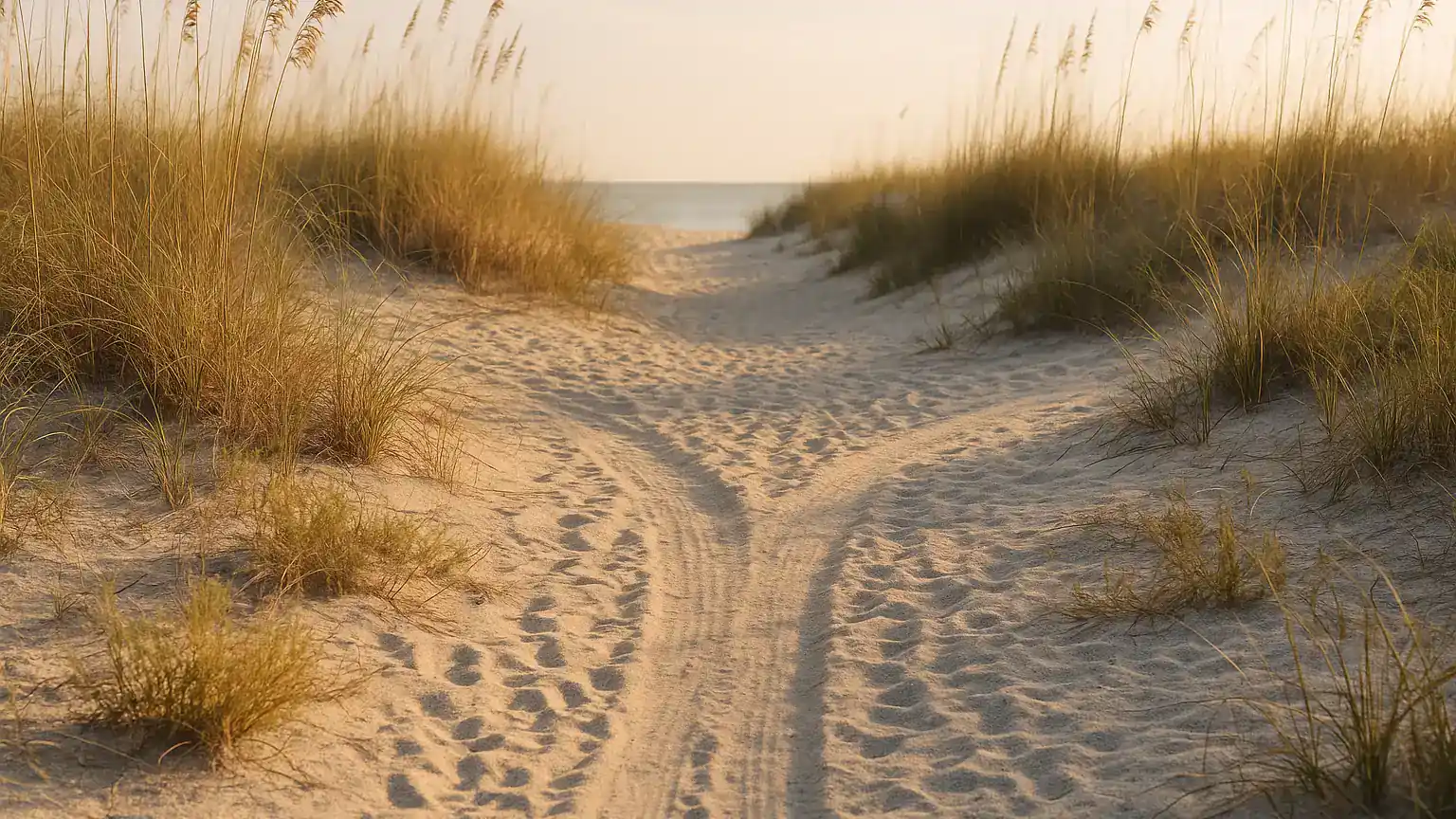 a fork in a sandy coastal path between sea grass, both routes inviting, warm afternoon light
