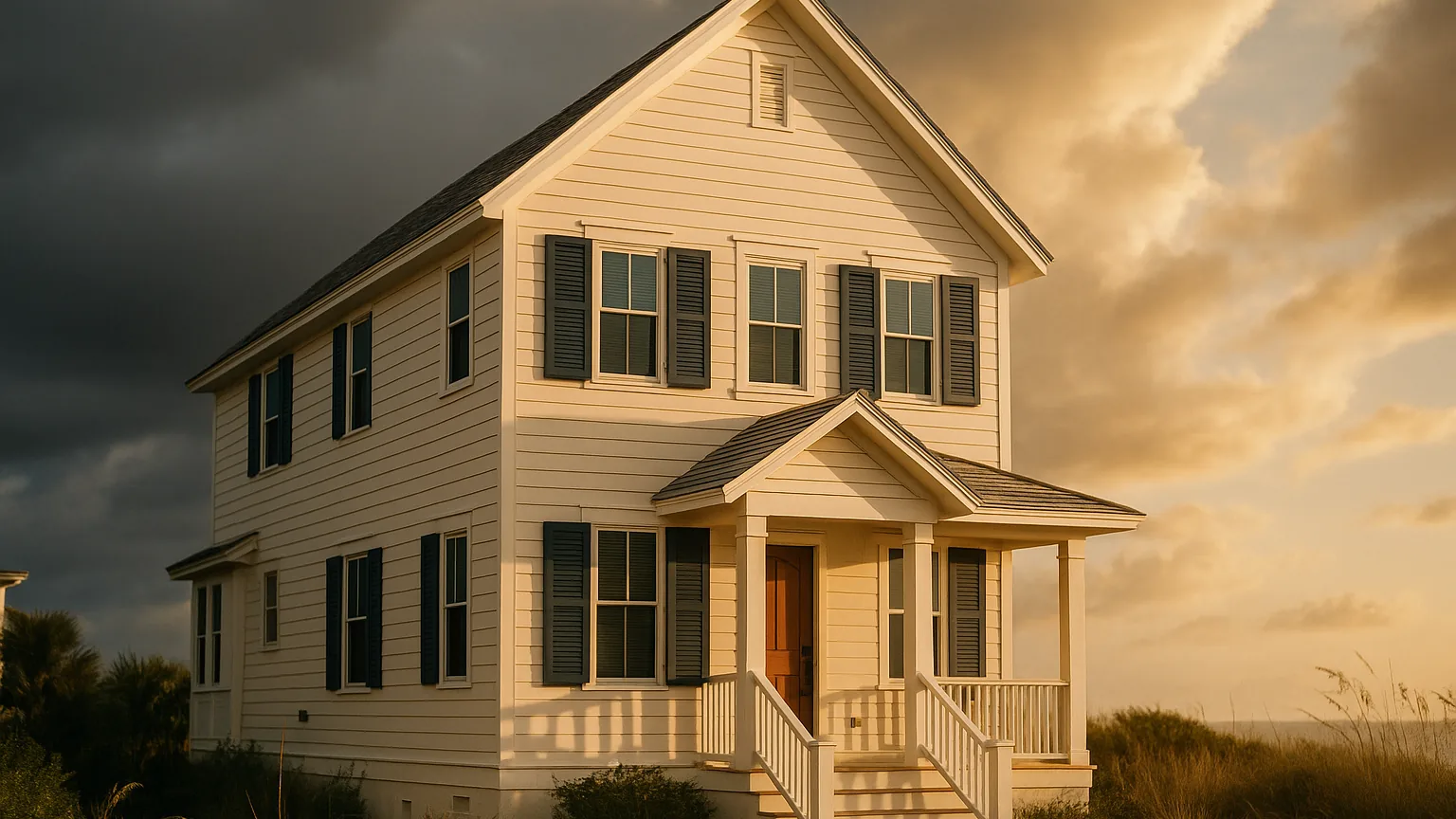 storm clouds clearing over a well built coastal house that stands solid and undamaged, dramatic but reassuring light