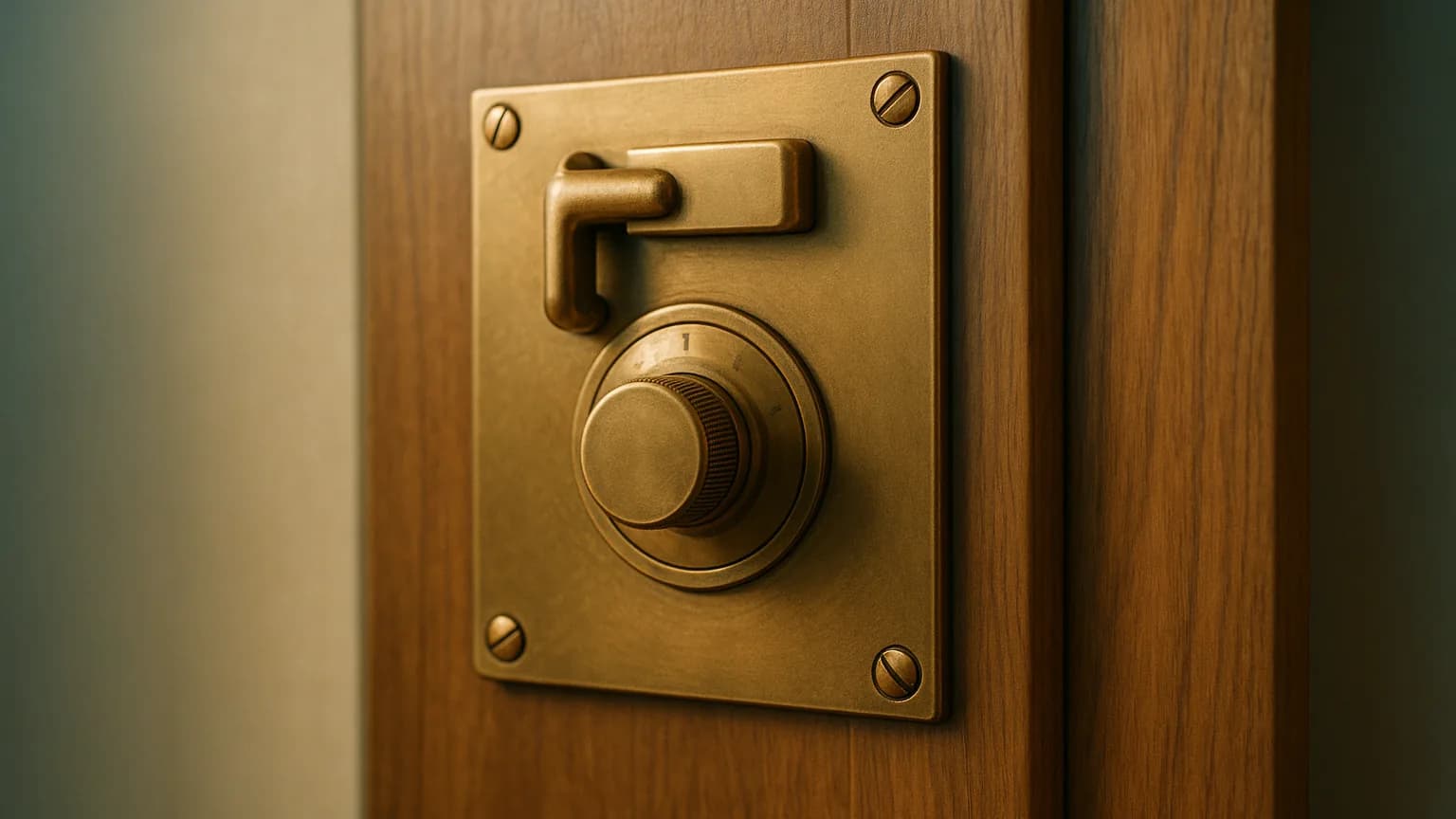 a sturdy safe deposit style brass lock plate on a heavy wooden door, softly lit, clean and simple