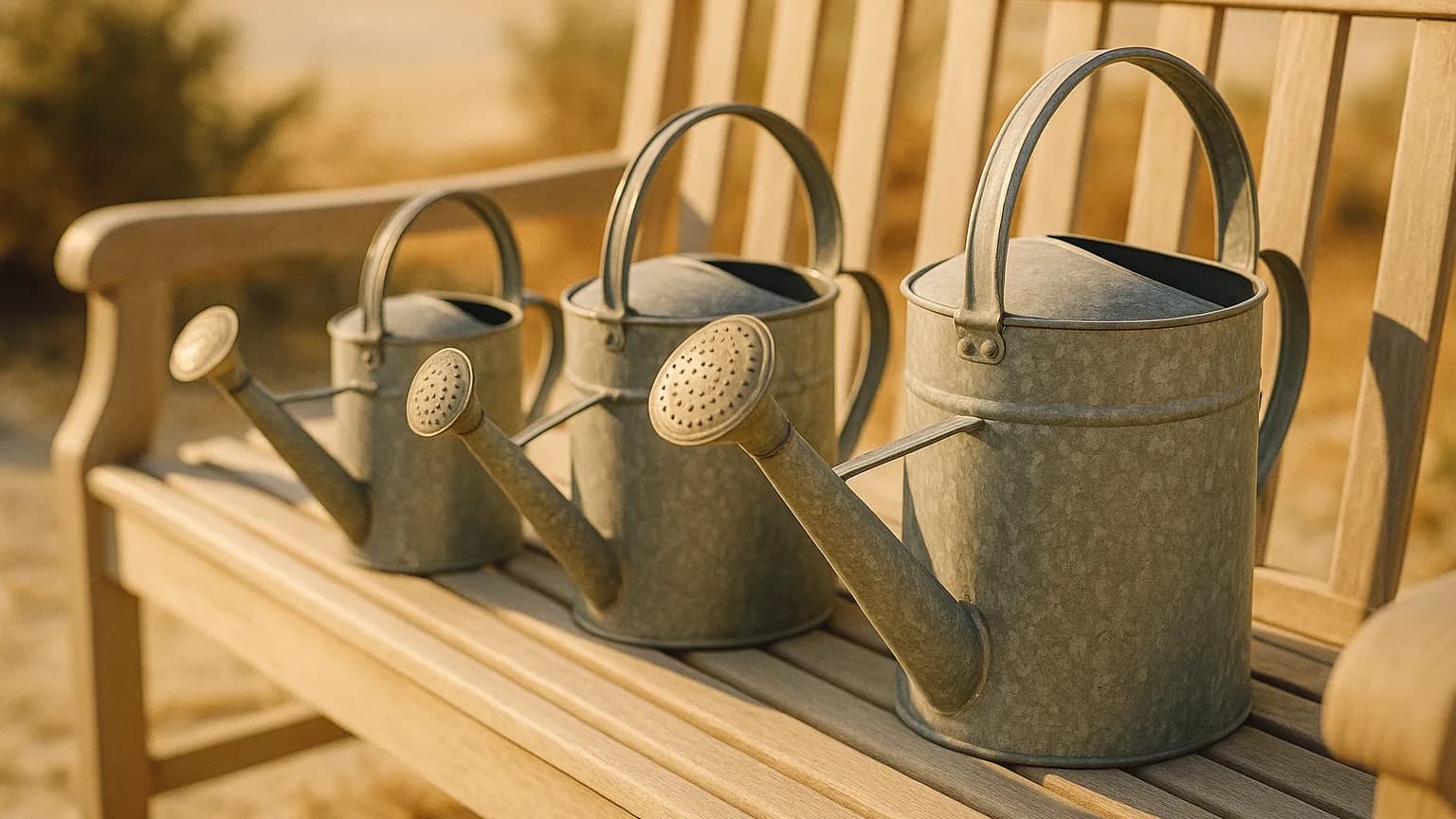three galvanised watering cans of different sizes lined up on a sunlit garden bench, warm tones