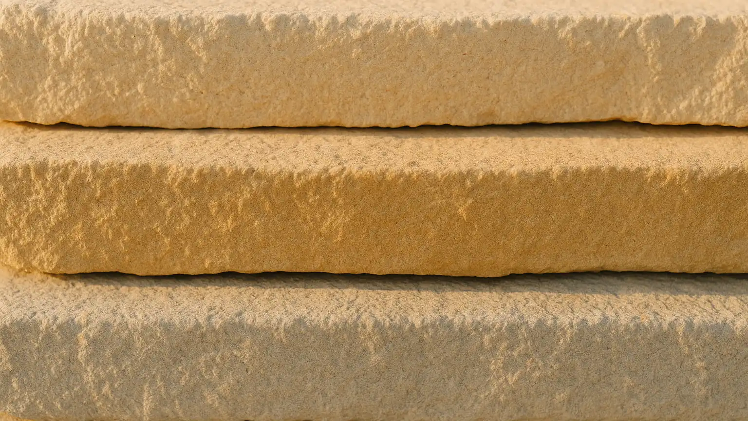 three stacked layers of pale sedimentary stone in a clean cross section, natural light, orderly bands