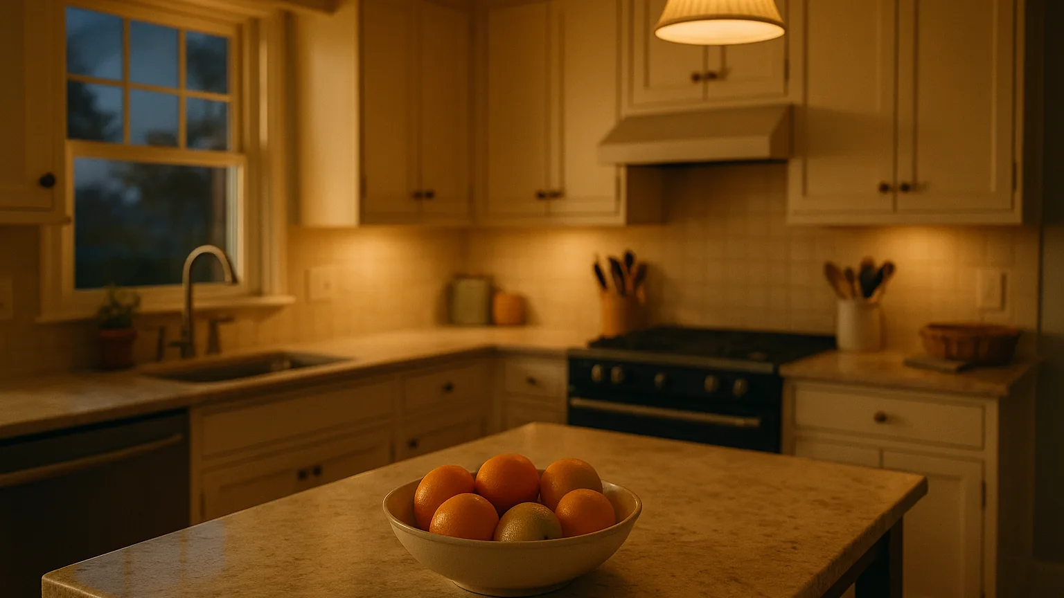 a warmly lit family kitchen at dusk with a bowl of citrus on the counter, lived in and comfortable, no people