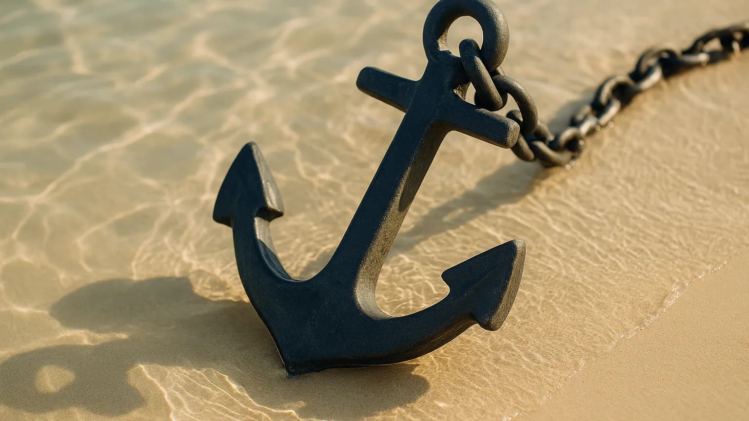a heavy anchor resting on clean sand in shallow clear water, sunlight rippling across it