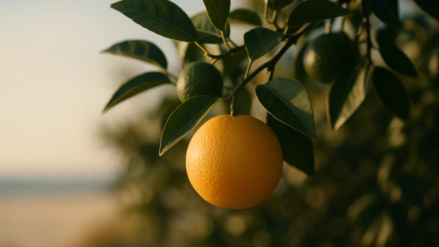 ripe citrus on a tree branch in warm Florida sunlight, one fruit ready to pick, soft background