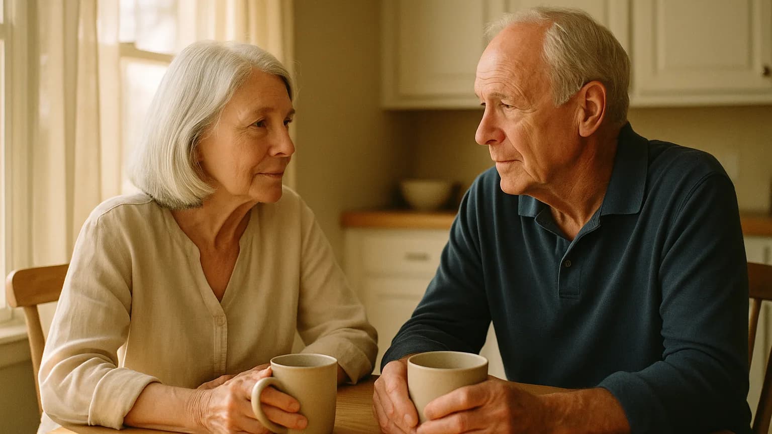 a calm older couple in their seventies sitting together at a sunlit kitchen table with coffee, talking quietly, soft morning light through a window