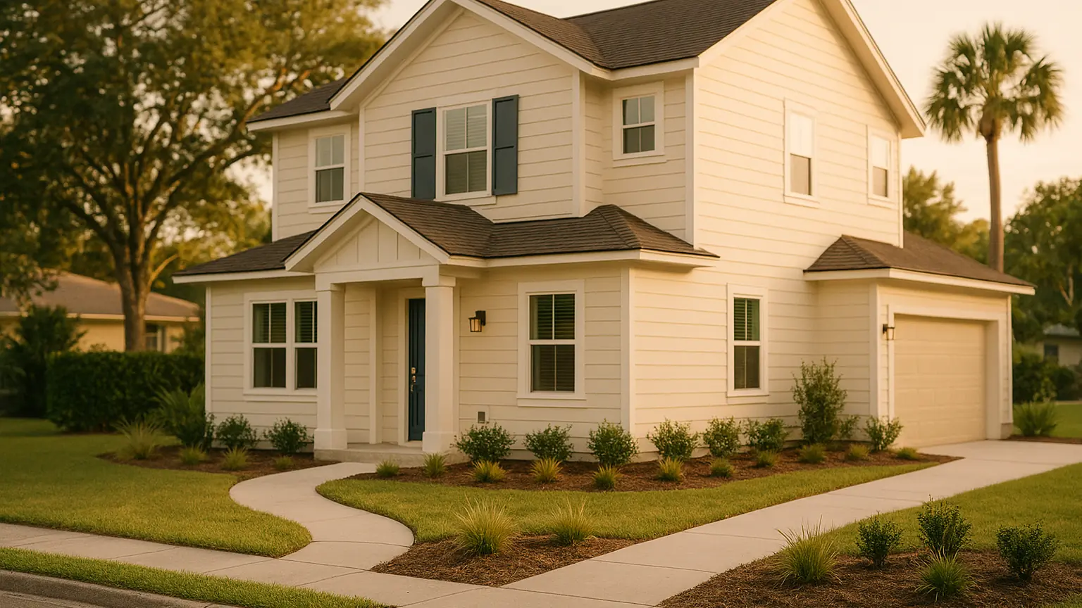 a newly built two storey residential home with fresh landscaping on a quiet suburban street, warm late afternoon light