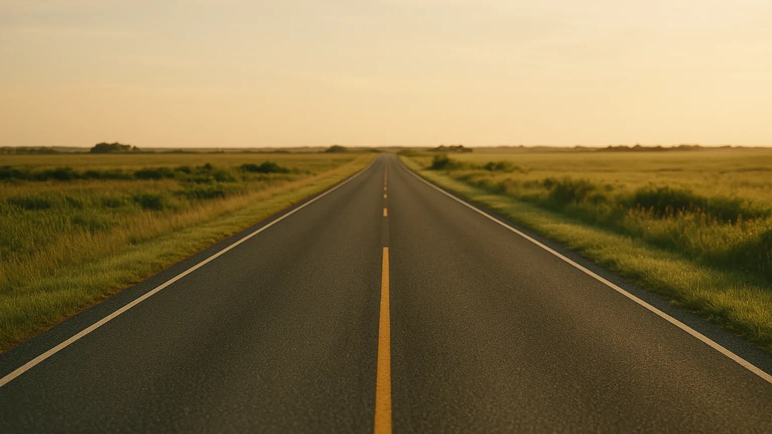an open road stretching toward a distant horizon under a wide warm sky, gentle green fields either side